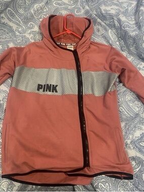 PINK Victoria's Secret Dusty Rose Hooded Zip Sweatshirt with Gray Mesh Stripe